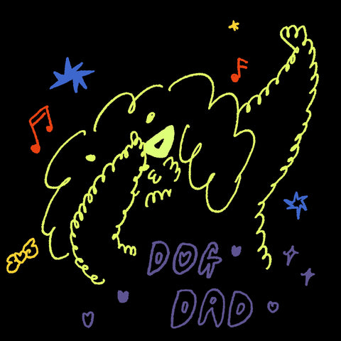 Illustration of a dog with musical notes and stars on a black background, labeled 'Dog Dad'.